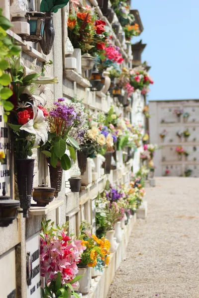 Cementerio para urnas en pueblo italiano con flores — Foto de Stock