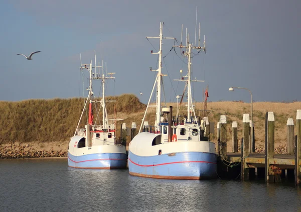 Två blå fiskebåtar och en mås i industriell hamn — Stockfoto
