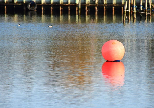 Marcador de bola marítima roja con reflejo y lunar en el fondo — Foto de Stock