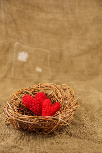 Dos corazones hechos a mano en el nido Imagen de stock