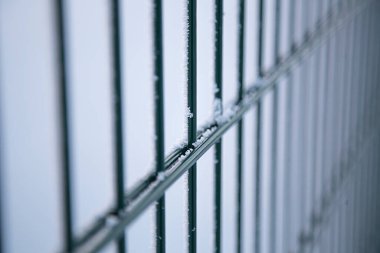 Geçmişi. Kışın metal çitler. Yakın plan. Demir çit dondu..