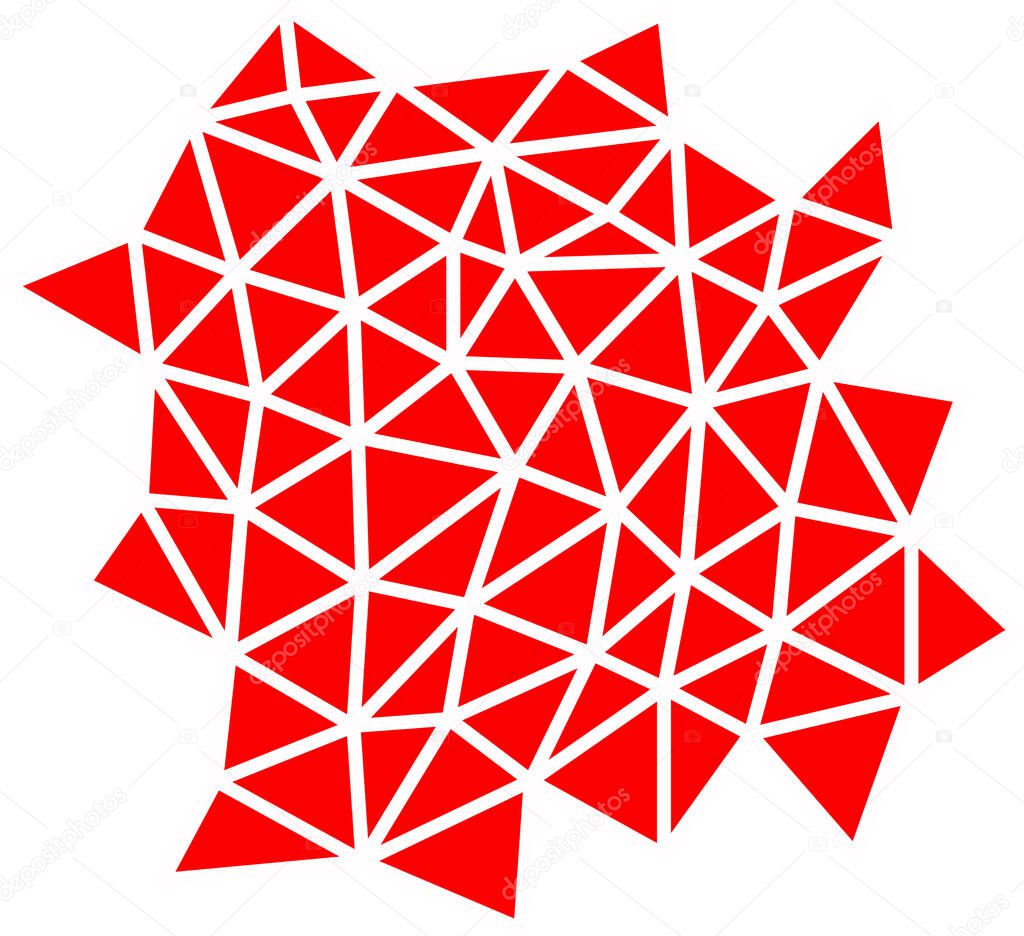 Abstract background in red. Geometric shapes in the form of a spider web, crimson color. There are many triangles in a disordered arrangement. Raster illustration.