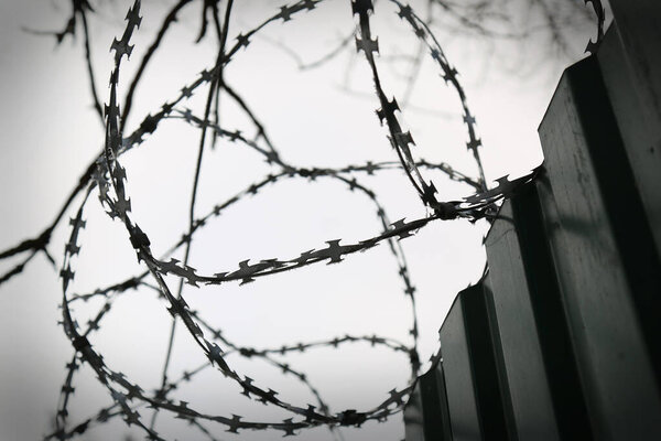 Fence with barbed wire close-up. Fence. Closed area. Prison. Protected area. Background.