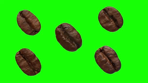 Coffee beans are spinning on a green background. Macro video. Isolate. Food. — Stock Video