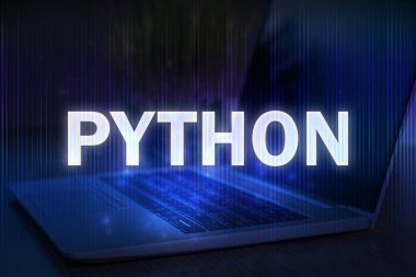 Mavi teknolojiyle ilgili dizüstü bilgisayarlı Python metni. Python programlama dili, bilgisayar kursları, eğitim öğrenin. 