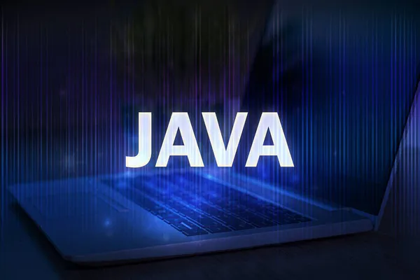 Java text on blue technology background with laptop. Learn java programming language, computer courses, training.