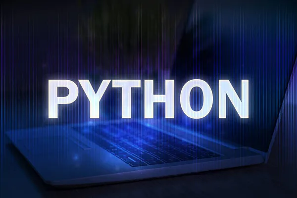 Teks Python Pada Latar Belakang Teknologi Biru Dengan Laptop Pelajari — Stok Foto