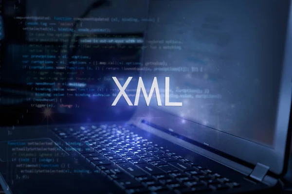 Inskripsi Xml Terhadap Laptop Dan Latar Belakang Kode Konsep Teknologi — Stok Foto