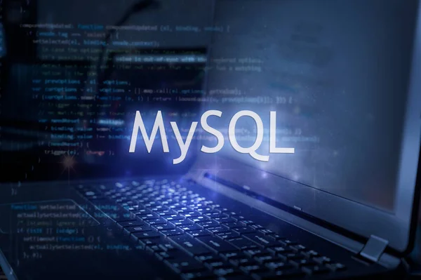 Napis Mysql Laptopie Tle Kodu Nauka Języka Programowania Sql Kursy — Zdjęcie stockowe