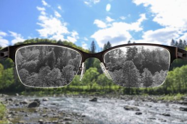 Kadın gözlüklerine odaklanmış siyah beyaz nehre ve orman manzarasına bakıyorum. Renk körlüğü. Depresyon sırasında dünya algısı. Tıbbi durum. Sağlık ve hastalık konsepti.