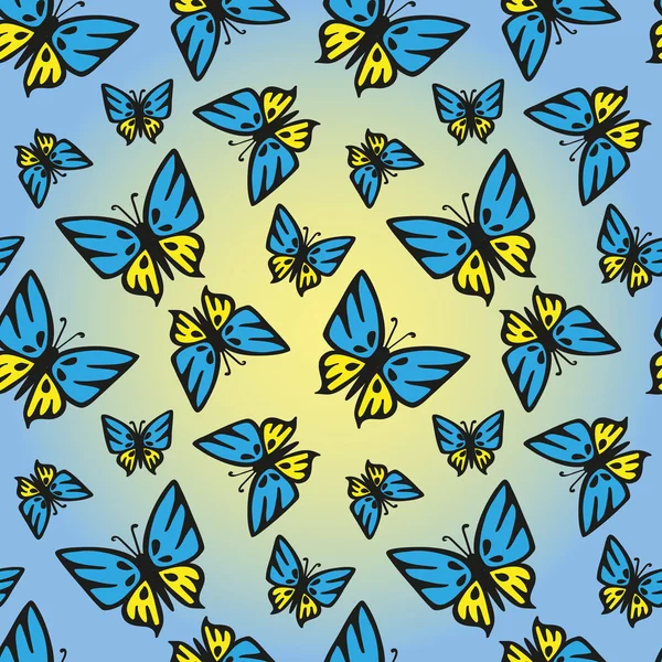 Borboleta azul-amarelo textura sem costura — Vetor de Stock