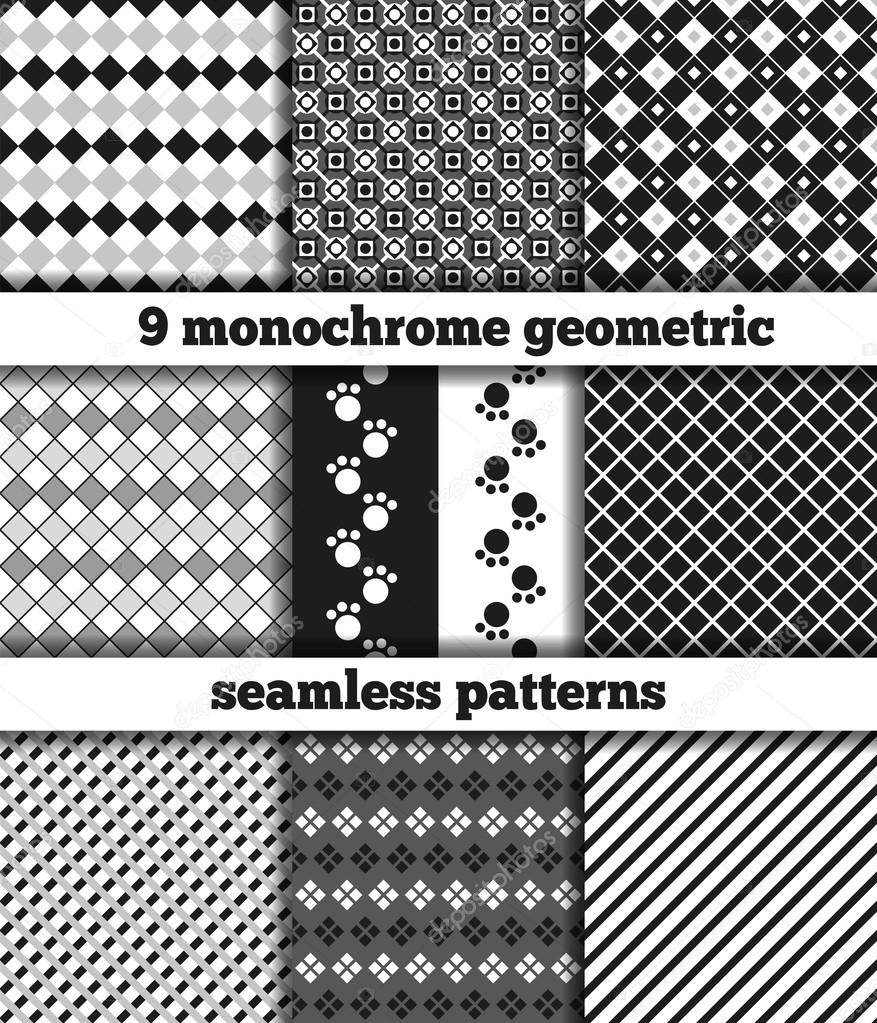 Set of black-white monochrome geometric seamless patterns
