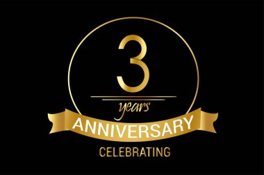  Lüks Black Gold 3. yıl dönümü, minimalist logo yılları, jübile, kurdele tebrik kartı. Doğum günü davetiyesi. Siyah arkaplanda altın alan vektörü çizimi