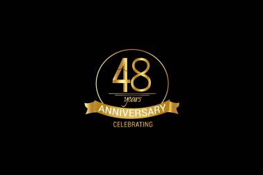  Lüks Black Gold 48 yıl dönümü, minimalist logo yılları, jübile, kurdele tebrik kartı. Doğum günü davetiyesi. Siyah arkaplanda altın alan vektörü çizimi