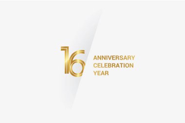 16 years anniversary, minimalist logo jubilee, greeting card. Birthday invitation. Golden space vector illustration 