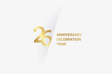 26 years anniversary, minimalist logo jubilee, greeting card. Birthday invitation. Golden space vector illustration 