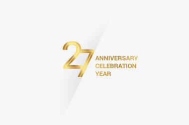 27 years anniversary, minimalist logo jubilee, greeting card. Birthday invitation. Golden space vector illustration 