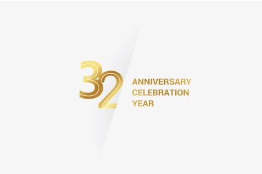 32 years anniversary, minimalist logo jubilee, greeting card. Birthday invitation. Golden space vector illustration 