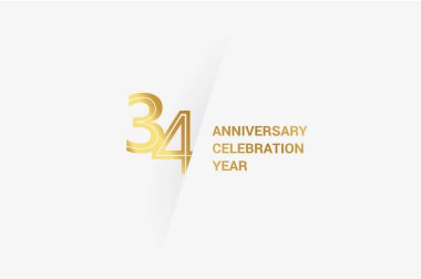 34 years anniversary, minimalist logo jubilee, greeting card. Birthday invitation. Golden space vector illustration 