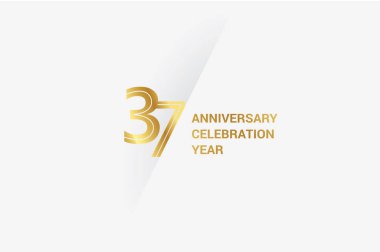 37 years anniversary, minimalist logo jubilee, greeting card. Birthday invitation. Golden space vector illustration 