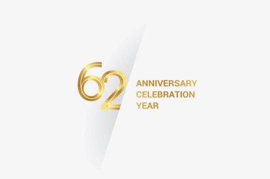 62 years anniversary, minimalist logo jubilee, greeting card. Birthday invitation. Golden space vector illustration 