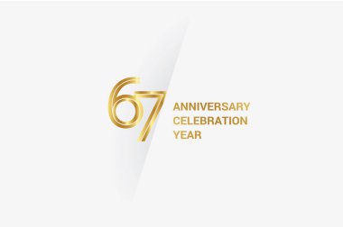 67  years anniversary, minimalist logo jubilee, greeting card. Birthday invitation. Golden space vector illustration 