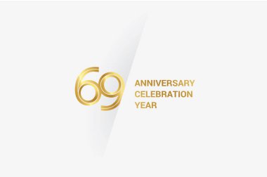 69  years anniversary, minimalist logo jubilee, greeting card. Birthday invitation. Golden space vector illustration 