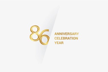 86  years anniversary, minimalist logo jubilee, greeting card. Birthday invitation. Golden space vector illustration 
