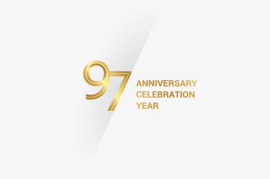 97 years anniversary, minimalist logo jubilee, greeting card. Birthday invitation. Golden space vector illustration 