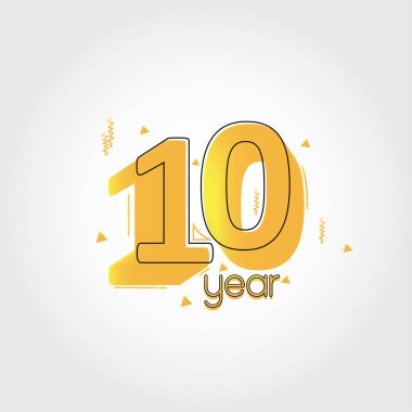 10. yıl dönümü kutlaması Sarı Renkler Komik Tasarım logosu. Beyaz arkaplanda yıldönümü logosu, kutlama için vektör yatay sayı tasarımı, davetiye kartı ve tebrik kartı