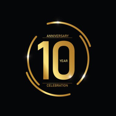 10. yıl dönümü kutlaması logosu. Siyah arkaplanda izole edilmiş halka altın ve kıvılcım beyaz renk, kutlama için vektör tasarımı, davetiye kartı ve tebrik kartı içeren yıl dönümü logosu