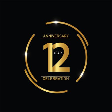 12. yıl dönümü kutlaması logosu. Siyah arkaplanda izole edilmiş halka altın ve kıvılcım beyaz renk, kutlama için vektör tasarımı, davetiye kartı ve tebrik kartı içeren yıl dönümü logosu