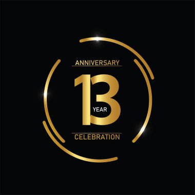 13. yıl dönümü kutlaması logosu. Siyah arkaplanda izole edilmiş halka altın ve kıvılcım beyaz renk, kutlama için vektör tasarımı, davetiye kartı ve tebrik kartı içeren yıl dönümü logosu