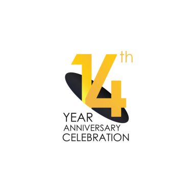 14 'üncü yıl dönümü kutlaması Sarı Renkler Tasarım logosu. Beyaz arkaplanda yıldönümü logosu, kutlama için vektör yatay sayı tasarımı, davetiye kartı ve tebrik kartı