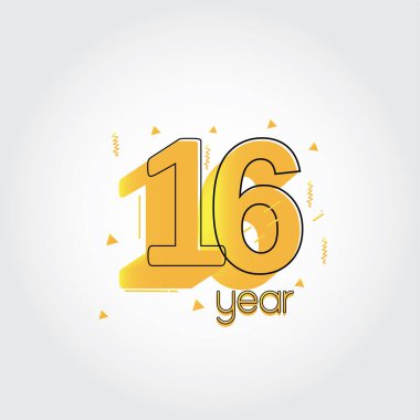 16. yıl dönümü kutlamaları Sarı Renkler Komik Tasarım logosu. Beyaz arkaplanda yıldönümü logosu, kutlama için vektör yatay sayı tasarımı, davetiye kartı ve tebrik kartı