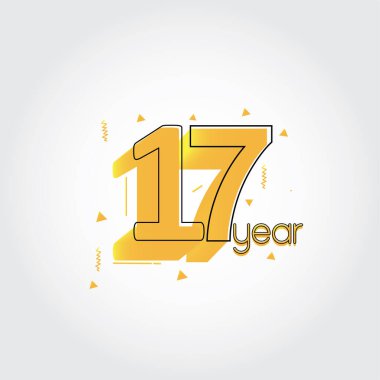 Sarı Renklerin Komik Tasarım logosu kutlamasının 17. yıldönümü. Beyaz arkaplanda yıldönümü logosu, kutlama için vektör yatay sayı tasarımı, davetiye kartı ve tebrik kartı