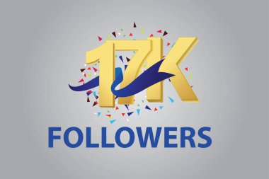 17K, 17000 takipçi teşekkür ederim mavi kurdele kutlama logosu. Siyah zemin üzerinde altın ve kıvılcım saçan beyaz renkli bir logo, kutlama için vektör tasarımı, davetiye kartı