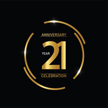 21. yıl dönümü kutlaması logosu. Siyah arkaplanda izole edilmiş halka altın ve kıvılcım beyaz renk, kutlama için vektör tasarımı, davetiye kartı ve tebrik kartı içeren yıl dönümü logosu