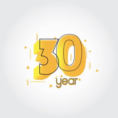 Sarı Renklerin Komik Tasarım logosunun 30. yıl dönümü kutlaması. Beyaz arkaplanda yıldönümü logosu, kutlama için vektör yatay sayı tasarımı, davetiye kartı ve tebrik kartı