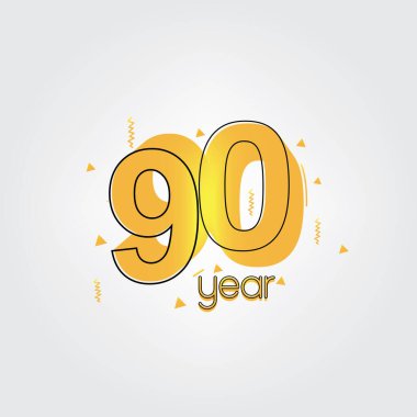 Sarı Renklerin Komik Tasarım logosu 90 'ıncı yıl dönümü kutlaması. Beyaz arkaplanda yıldönümü logosu, kutlama için vektör yatay sayı tasarımı, davetiye kartı ve tebrik kartı