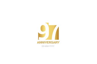 97 yıl dönümü, minimalist logo. Onuncu yıl, yıldönümü, tebrik kartı. Doğum günü davetiyesi. Yıl işareti. Beyaz arkaplanda altın boşluk çizimi