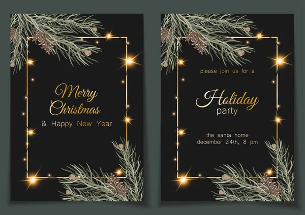New Set Christmas Party Invitations Golden Letters Beautiful Lettering Dark — Stock Vector
