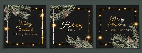 New Set Christmas Party Invitations Golden Letters Lettering Dark Background — Stock Vector