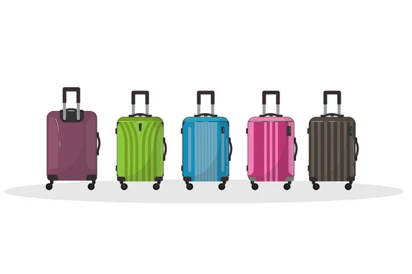 大規模な旅行プラスチックスーツケースのセット ビジネス旅行 夏休み 旅行のための車輪の上のバッグ 前景だ 白い車輪で隔離されたポリカーボネートスーツケース — ストックベクタ