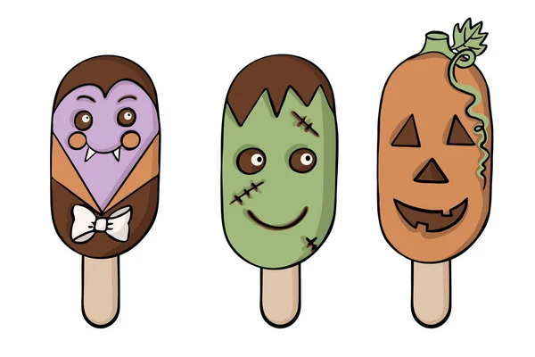 Happy Halloween Friends Chocolate Ice Cream Bringing Pumpkin Vampire Cute — Stock Vector