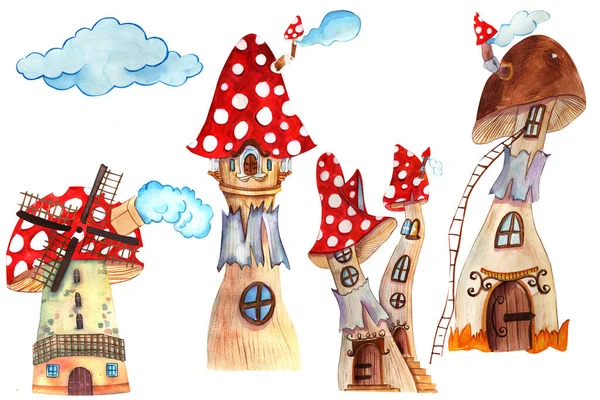 Aquarela Fantasia casa gnomo, pequena casa. Gnome casas ícones, desenho animado fantasia edifício feito de plantas. — Fotografia de Stock