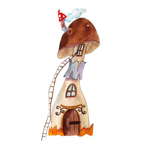 Aquarela Fantasia casa gnomo, pequena casa. Gnome casas ícones, desenho animado fantasia edifício feito de plantas. — Fotografia de Stock