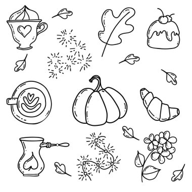 Sonbahar seti. Kapuçino, kahve, kruvasan, balkabağı, ortanca, çelenk. Lezzetli yemek ve kahve pişirdik. Cadılar Bayramı, bayram yemeği ve tatlı latte ile, balkabağı ve kek ile sıcak sıcak sıcak fincan