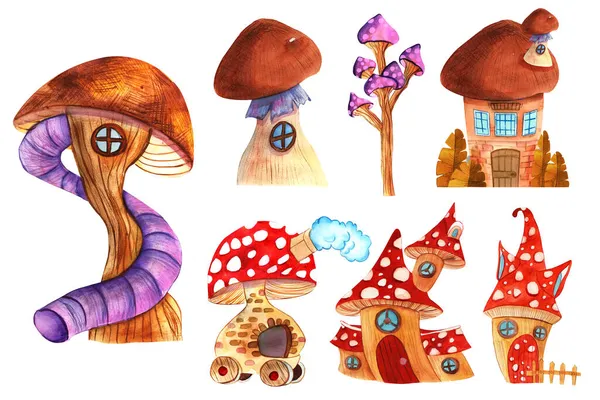 Watercolor Fantasy Gnome House Little House Gnome Houses Icons Cartoon — Stock Photo, Image