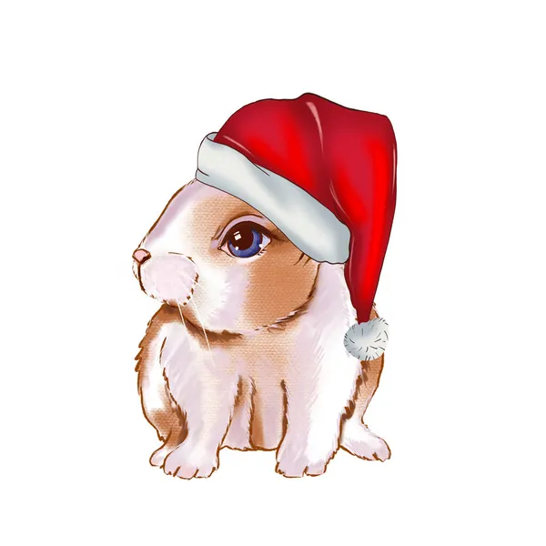 クリスマスかわいいウサギ 手描きのウサギのデジタルアートイラスト クリスマス サンタ クラス 太くてふわふわのベージュと白のコートでかわいいエレガントな 深い青の目 — ストック写真
